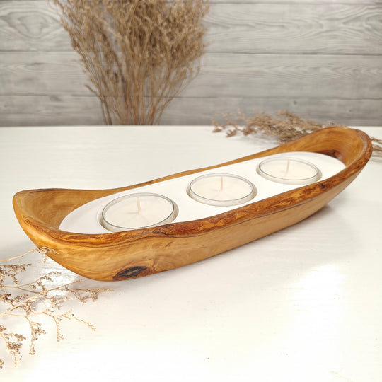 Teelicht-Kerze in Olivenholz-Boot, BRTC-L-00018, L 32cm, 60mm Teelicht
