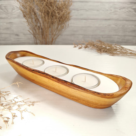Teelicht-Kerze in Olivenholz-Boot, BRTC-L-00019, L 33cm, 60mm Teelicht