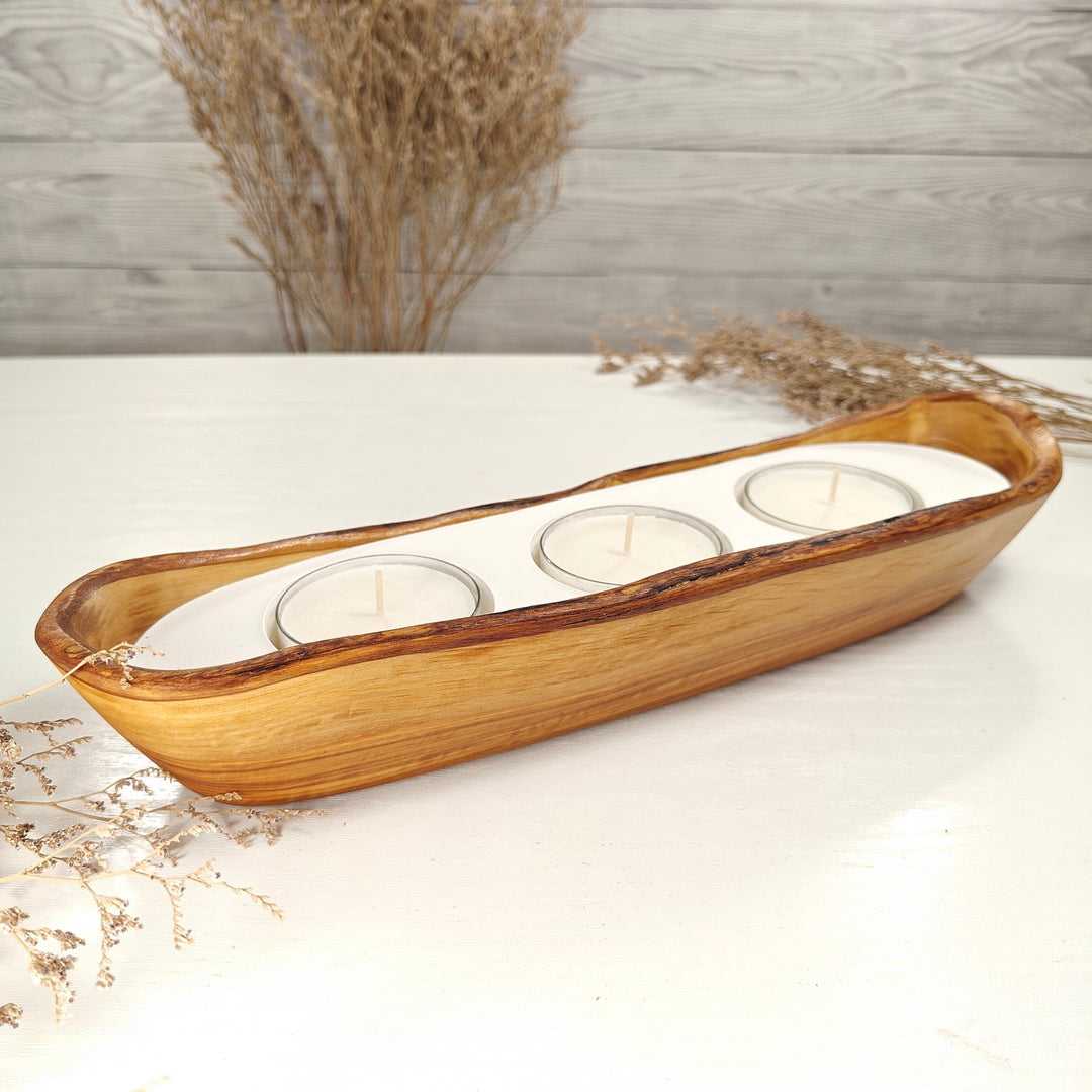 Teelicht-Kerze in Olivenholz-Boot, BRTC-L-00019, L 33cm, 60mm Teelicht