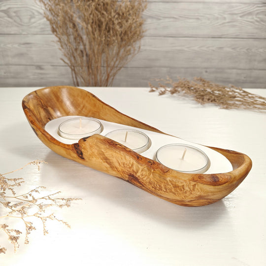 Teelicht-Kerze in Olivenholz-Boot, BRTC-L-00020, L 29cm, 60mm Teelicht