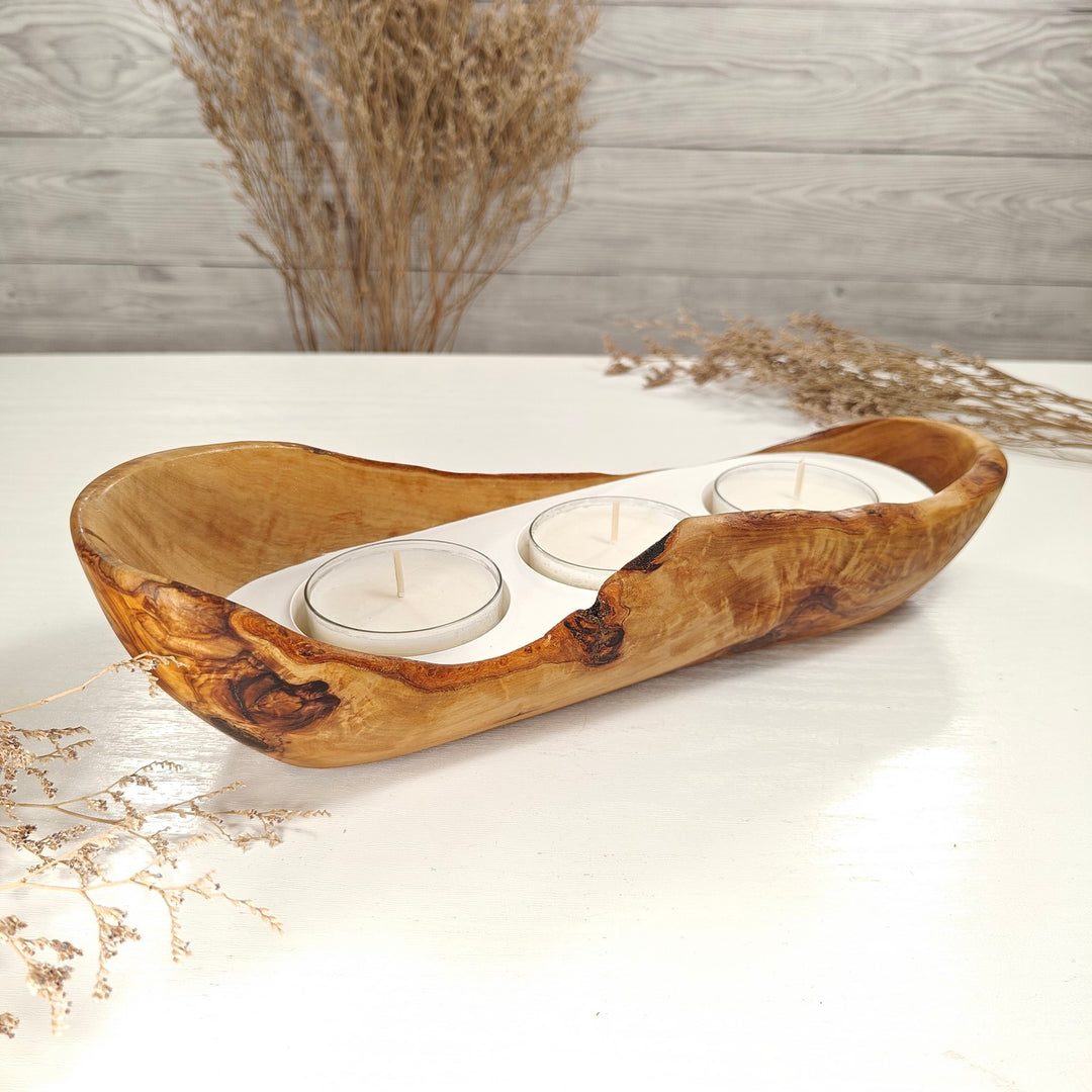 Teelicht-Kerze in Olivenholz-Boot, BRTC-L-00020, L 29cm, 60mm Teelicht