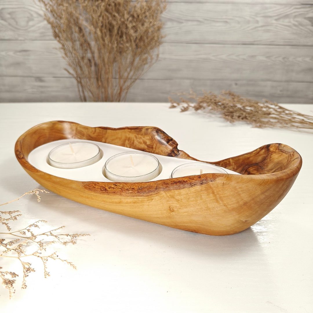 Teelicht-Kerze in Olivenholz-Boot, BRTC-L-00020, L 29cm, 60mm Teelicht