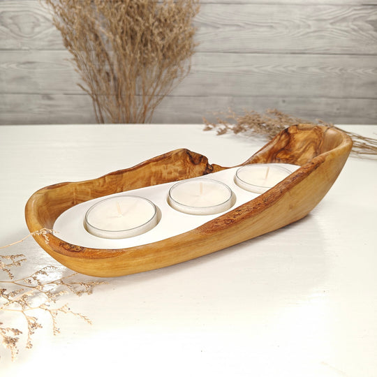 Teelicht-Kerze in Olivenholz-Boot, BRTC-L-00020, L 29cm, 60mm Teelicht