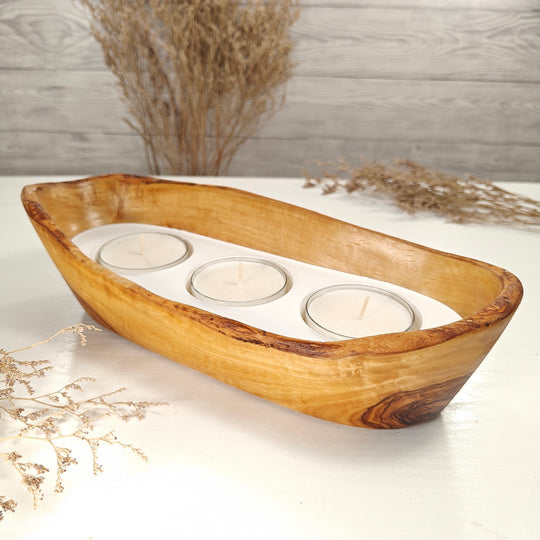 Teelicht-Kerze in Olivenholz-Boot, BRTC-L-00021, L 30cm, 60mm Teelicht