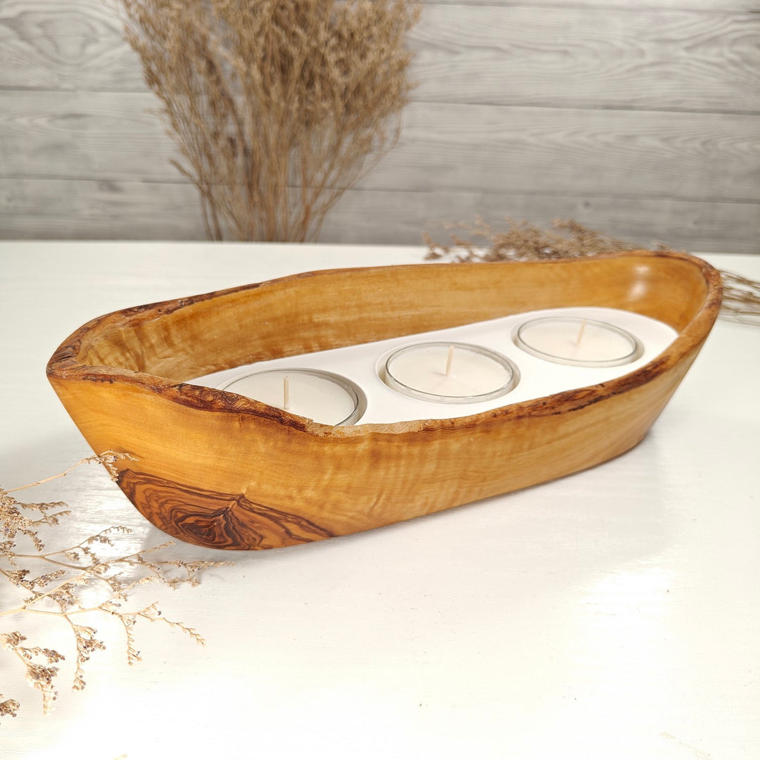 Teelicht-Kerze in Olivenholz-Boot, BRTC-L-00021, L 30cm, 60mm Teelicht