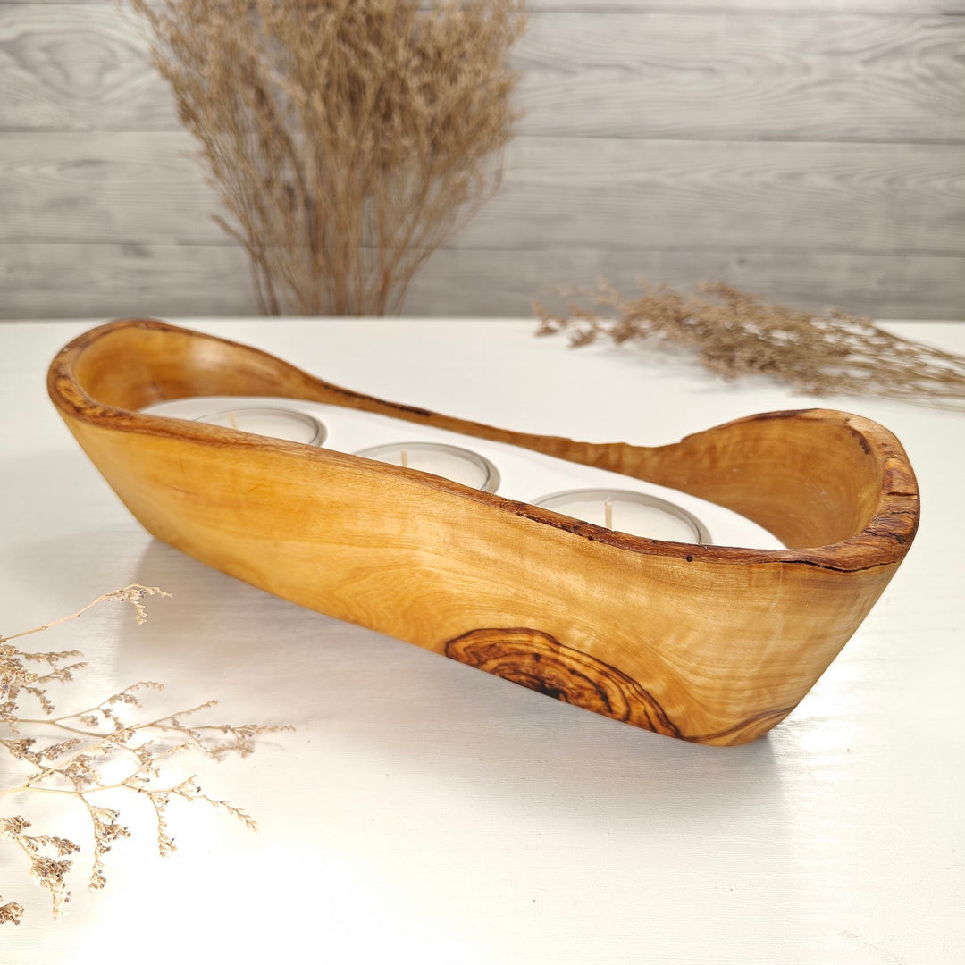 Teelicht-Kerze in Olivenholz-Boot, BRTC-L-00021, L 30cm, 60mm Teelicht