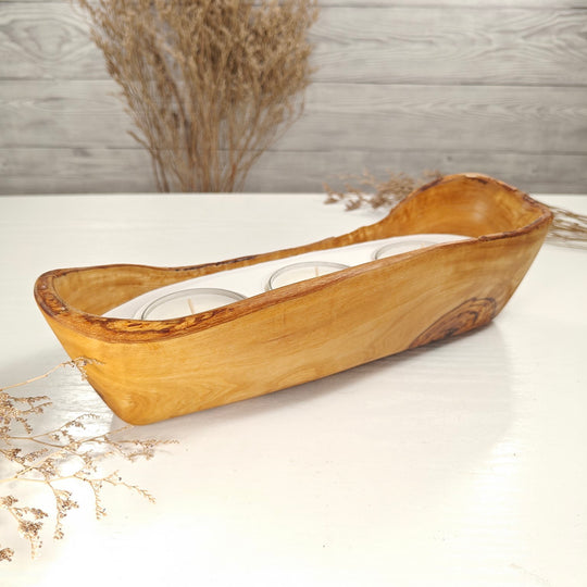 Teelicht-Kerze in Olivenholz-Boot, BRTC-L-00021, L 30cm, 60mm Teelicht
