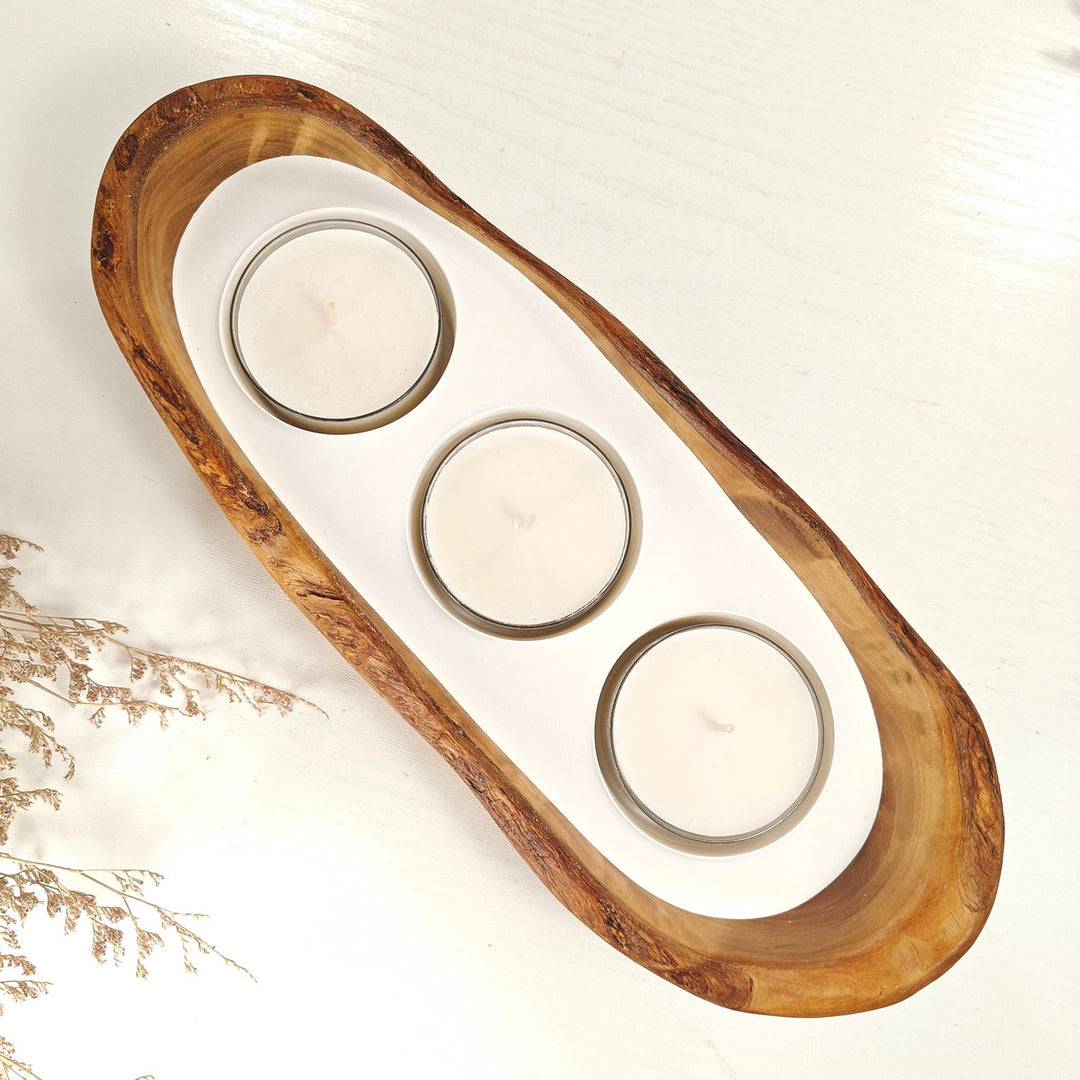 Teelicht-Kerze in Olivenholz-Boot, BRTC-L-00022, L 28cm, 60mm Teelicht
