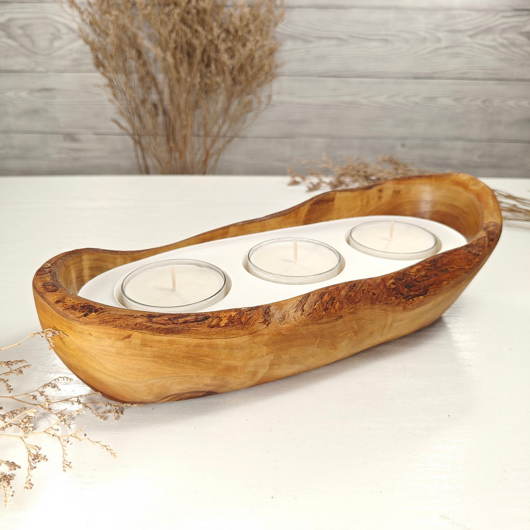 Teelicht-Kerze in Olivenholz-Boot, BRTC-L-00022, L 28cm, 60mm Teelicht