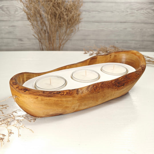 Teelicht-Kerze in Olivenholz-Boot, BRTC-L-00022, L 28cm, 60mm Teelicht