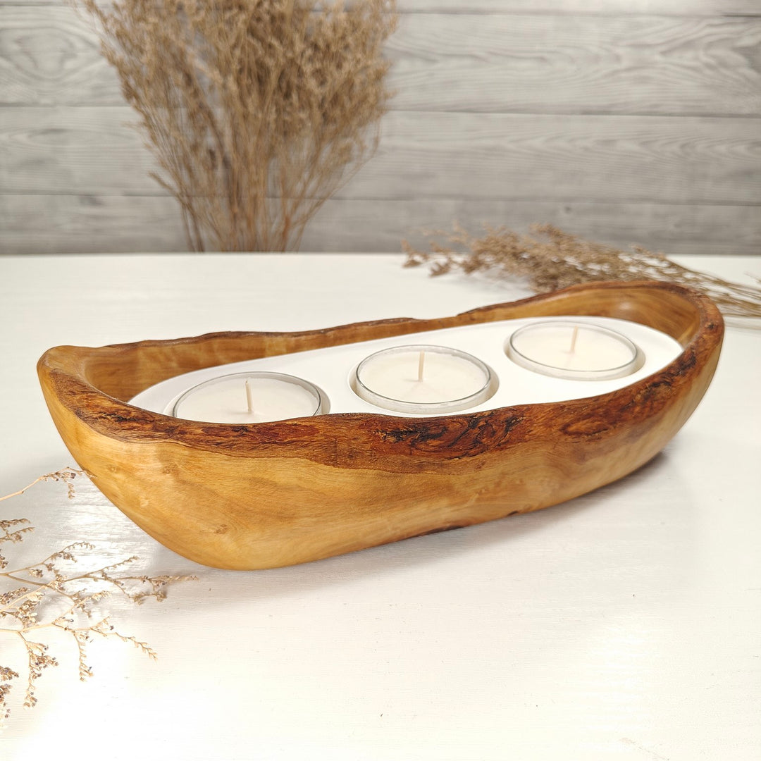 Teelicht-Kerze in Olivenholz-Boot, BRTC-L-00022, L 28cm, 60mm Teelicht