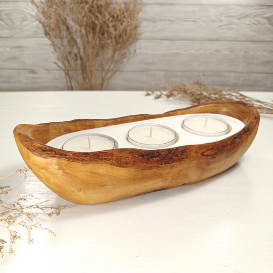 Teelicht-Kerze in Olivenholz-Boot, BRTC-L-00022, L 28cm, 60mm Teelicht