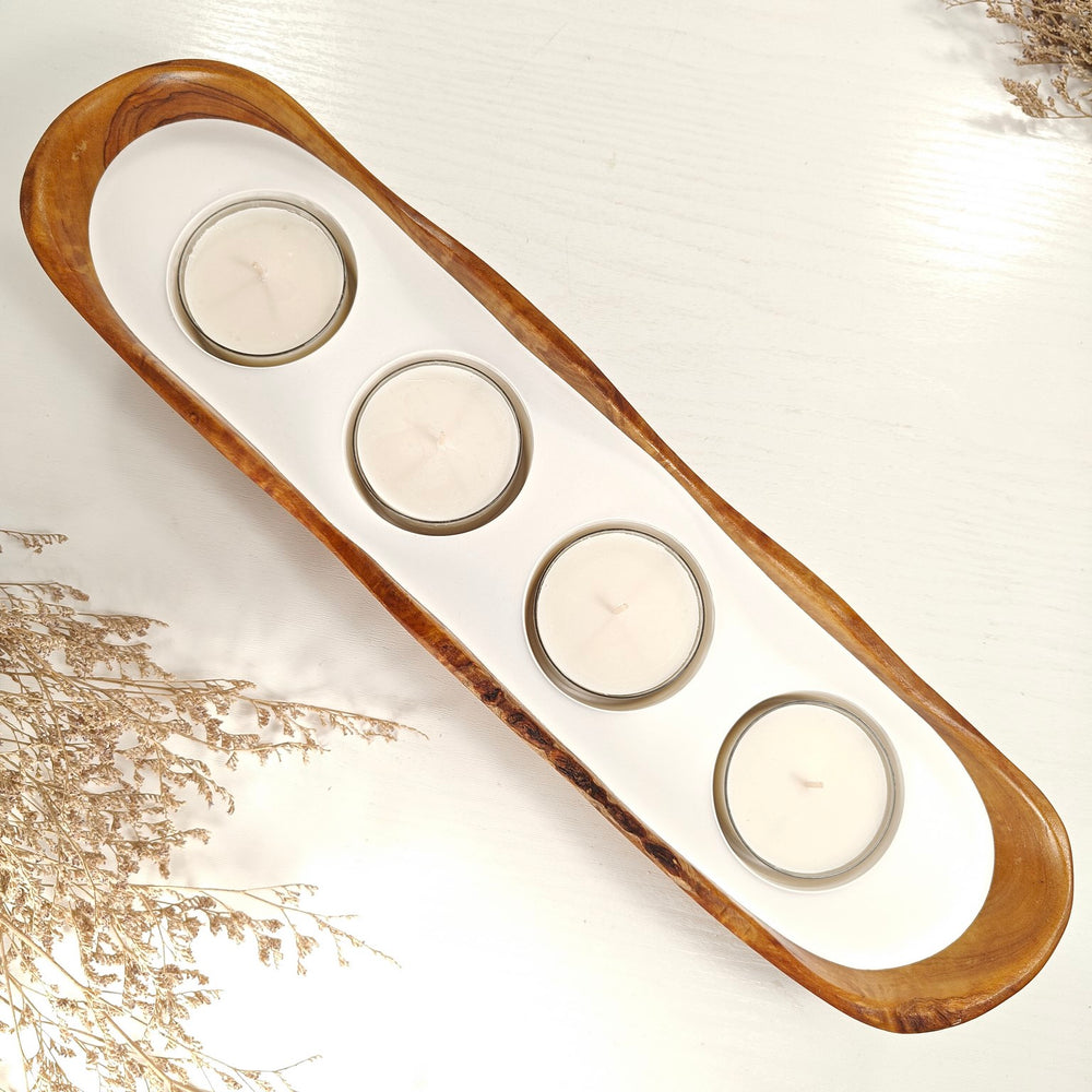 Teelicht-Kerze in Olivenholz-Boot, BRTC-L-00023, L 40cm, 60mm Teelicht