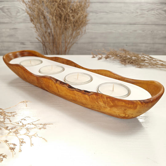 Teelicht-Kerze in Olivenholz-Boot, BRTC-L-00023, L 40cm, 60mm Teelicht