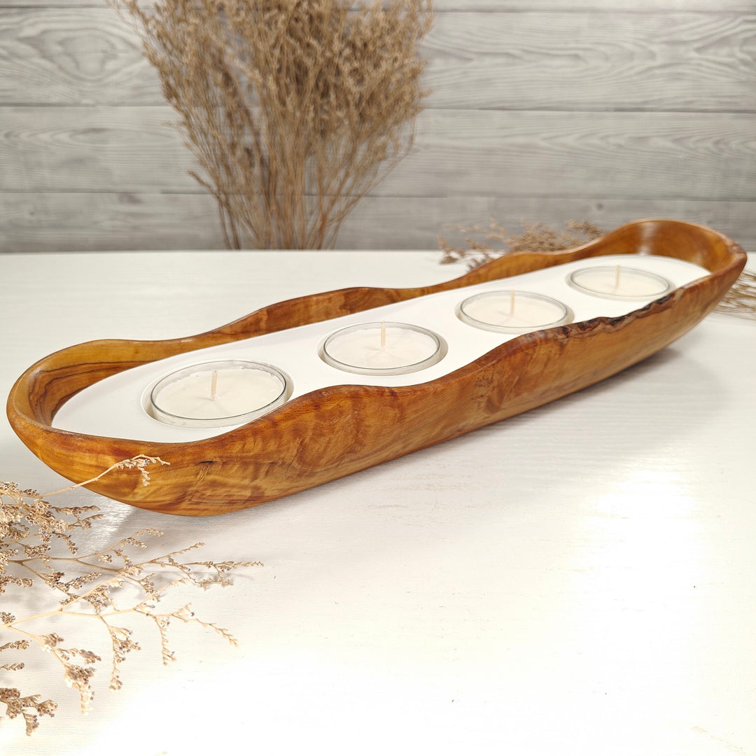 Teelicht-Kerze in Olivenholz-Boot, BRTC-L-00023, L 40cm, 60mm Teelicht