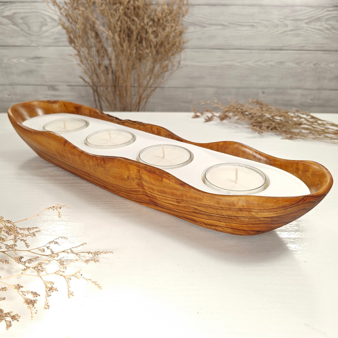 Teelicht-Kerze in Olivenholz-Boot, BRTC-L-00023, L 40cm, 60mm Teelicht