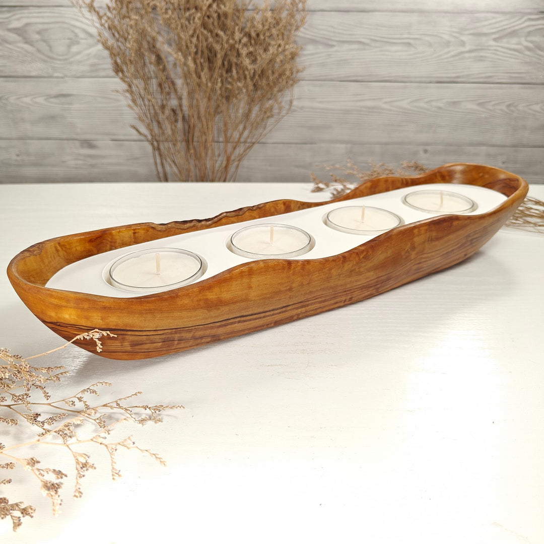 Teelicht-Kerze in Olivenholz-Boot, BRTC-L-00023, L 40cm, 60mm Teelicht