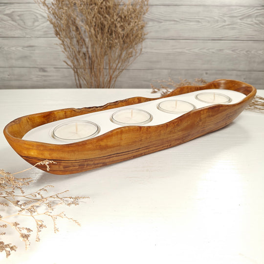 Teelicht-Kerze in Olivenholz-Boot, BRTC-L-00023, L 40cm, 60mm Teelicht