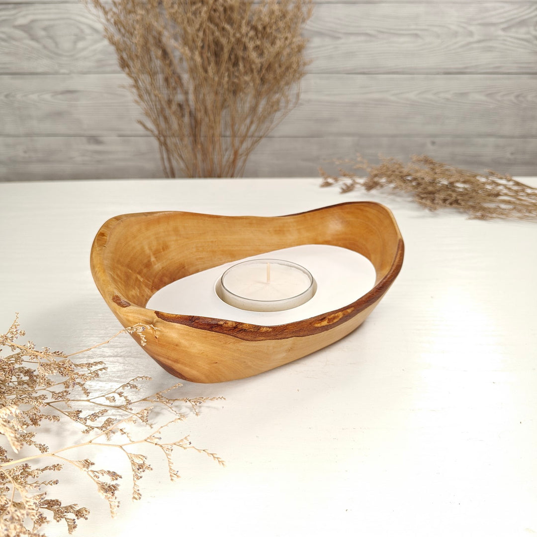 Teelicht-Kerze in Olivenholz-Boot, BRTC-S-00001, L 19cm, 60mm Teelicht