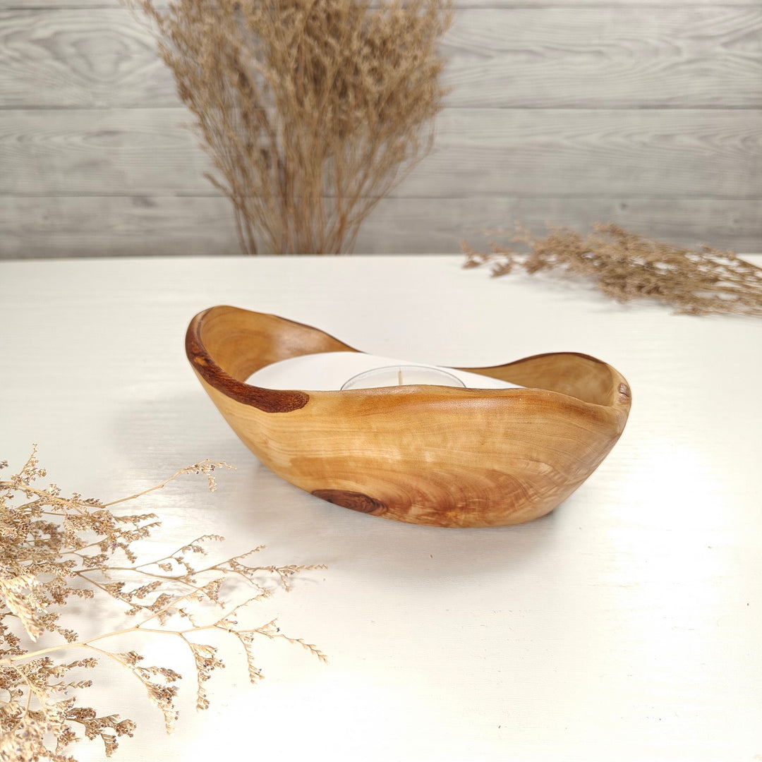 Teelicht-Kerze in Olivenholz-Boot, BRTC-S-00001, L 19cm, 60mm Teelicht