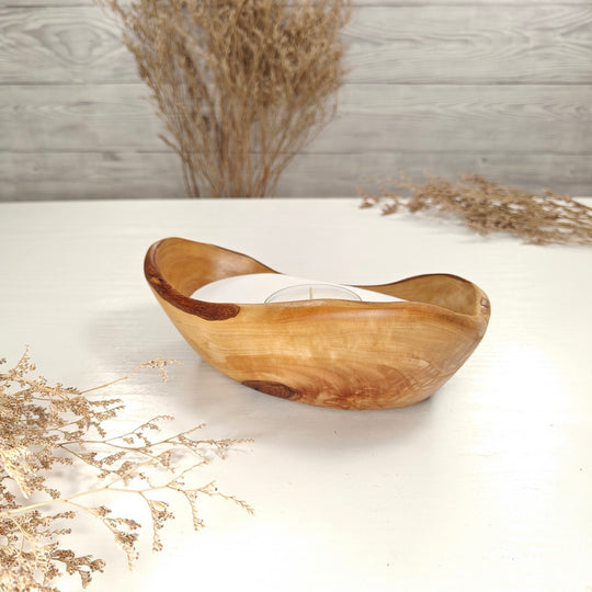 Teelicht-Kerze in Olivenholz-Boot, BRTC-S-00001, L 19cm, 60mm Teelicht