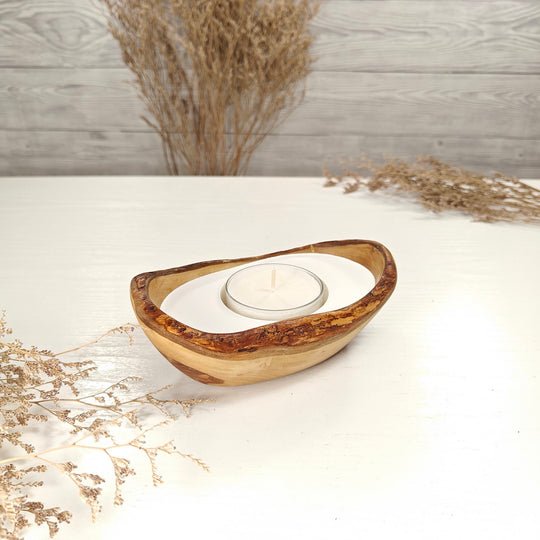 Teelicht-Kerze in Olivenholz-Boot, BRTC-S-00002, L 15cm, 60mm Teelicht