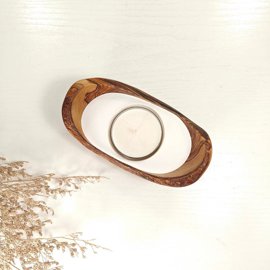 Teelicht-Kerze in Olivenholz-Boot, BRTC-S-00003, L 16cm, 60mm Teelicht