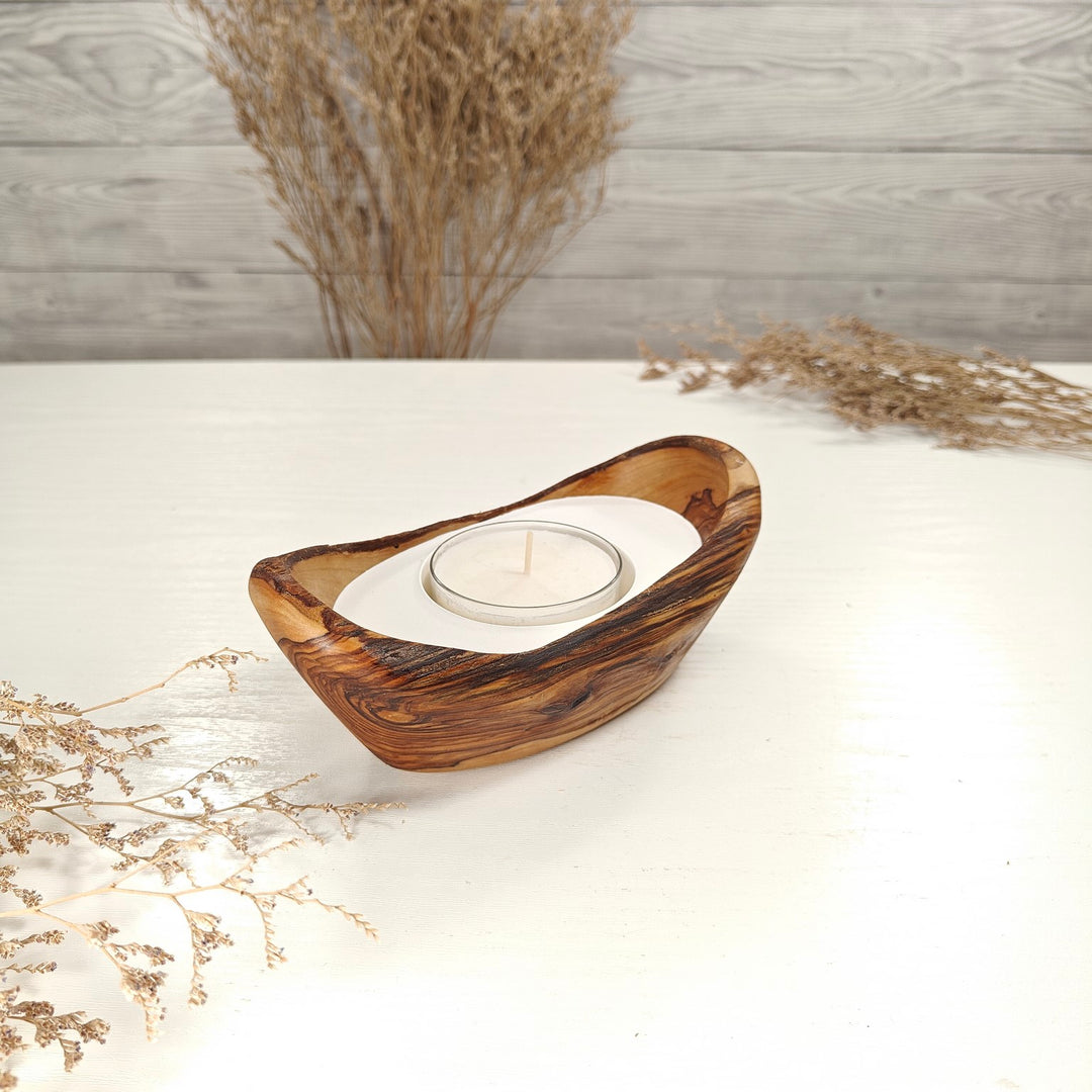Teelicht-Kerze in Olivenholz-Boot, BRTC-S-00003, L 16cm, 60mm Teelicht
