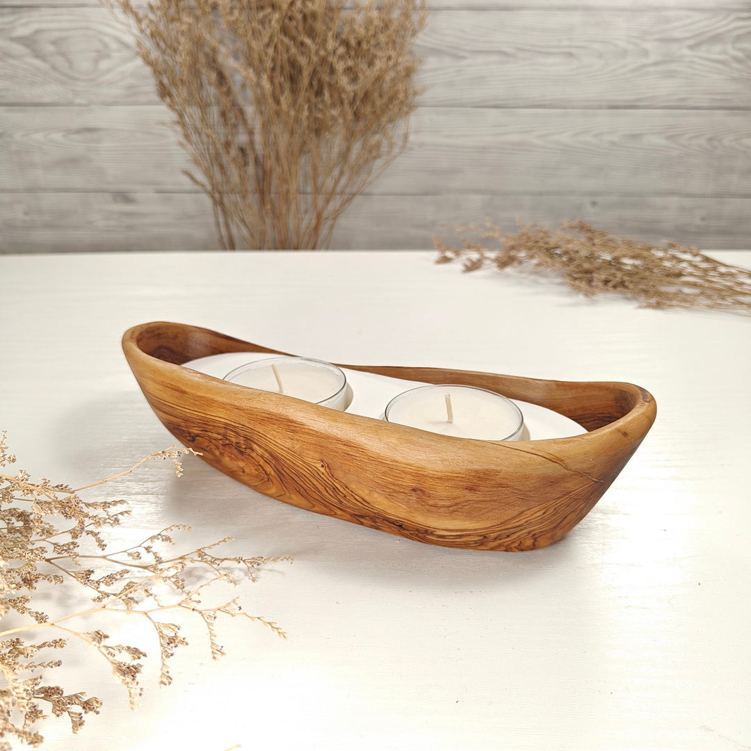 Teelicht-Kerze in Olivenholz-Boot, BRTC-S-00004, L 23cm, 60mm Teelicht