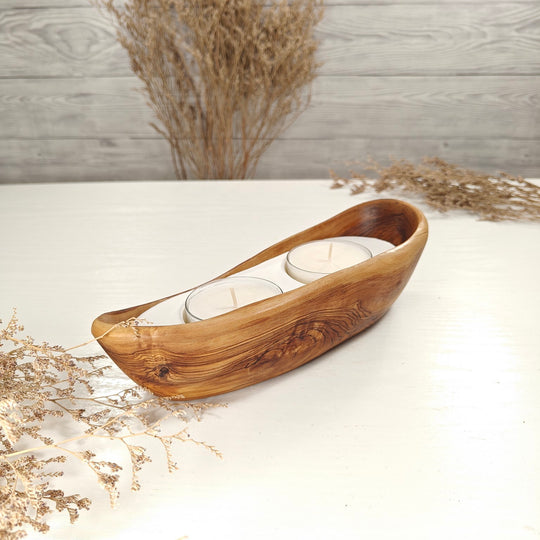 Teelicht-Kerze in Olivenholz-Boot, BRTC-S-00004, L 23cm, 60mm Teelicht