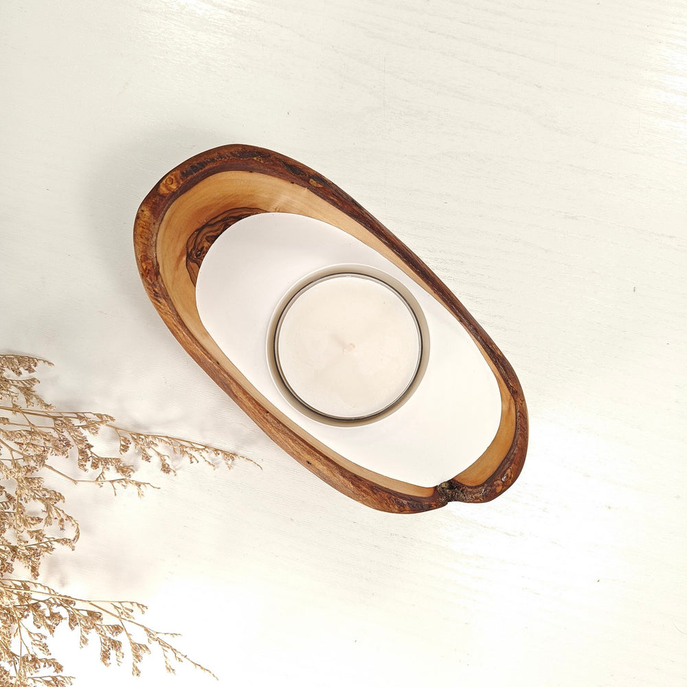Teelicht-Kerze in Olivenholz-Boot, BRTC-S-00005, L 16cm, 60mm Teelicht