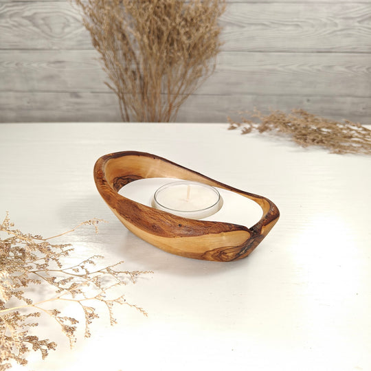 Teelicht-Kerze in Olivenholz-Boot, BRTC-S-00005, L 16cm, 60mm Teelicht