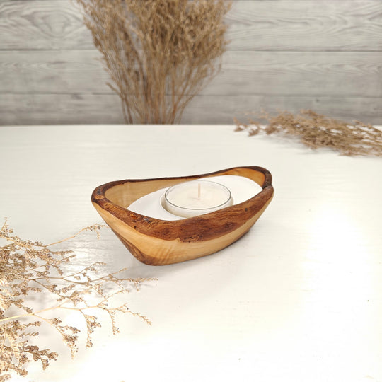 Teelicht-Kerze in Olivenholz-Boot, BRTC-S-00005, L 16cm, 60mm Teelicht