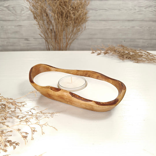 Teelicht-Kerze in Olivenholz-Boot, BRTC-S-00006, L 21cm, 60mm Teelicht