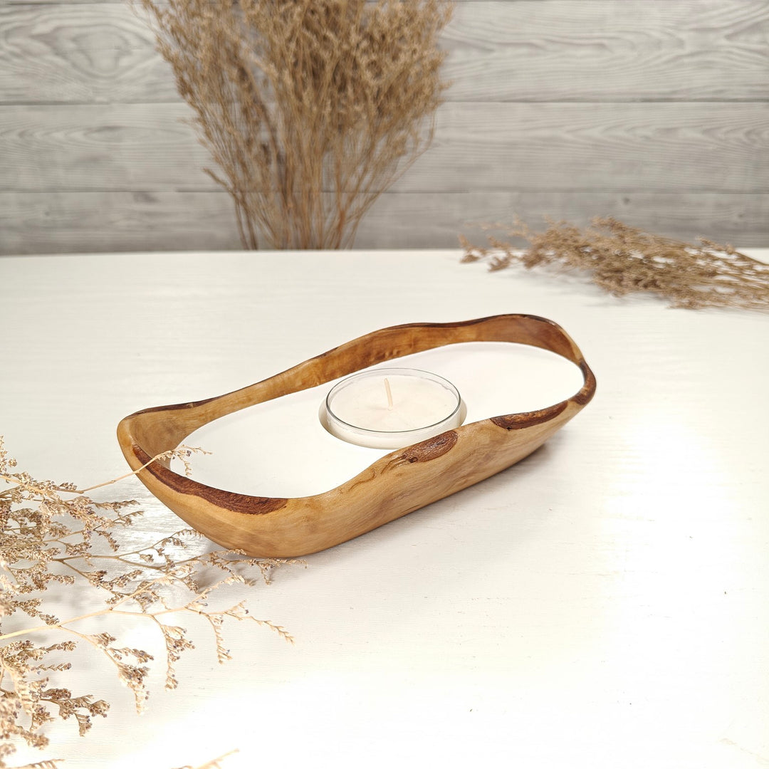 Teelicht-Kerze in Olivenholz-Boot, BRTC-S-00006, L 21cm, 60mm Teelicht