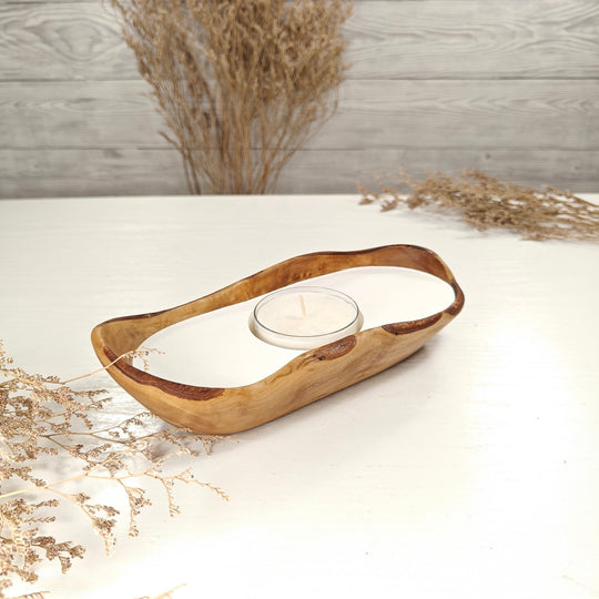Teelicht-Kerze in Olivenholz-Boot, BRTC-S-00006, L 21cm, 60mm Teelicht