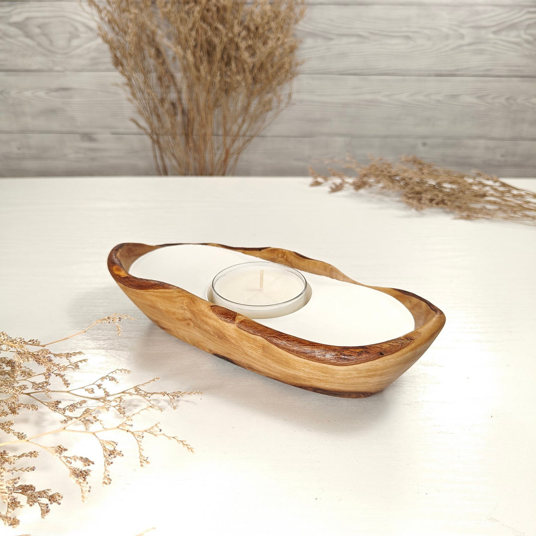 Teelicht-Kerze in Olivenholz-Boot, BRTC-S-00006, L 21cm, 60mm Teelicht