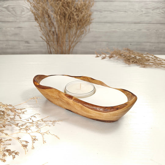 Teelicht-Kerze in Olivenholz-Boot, BRTC-S-00006, L 21cm, 60mm Teelicht