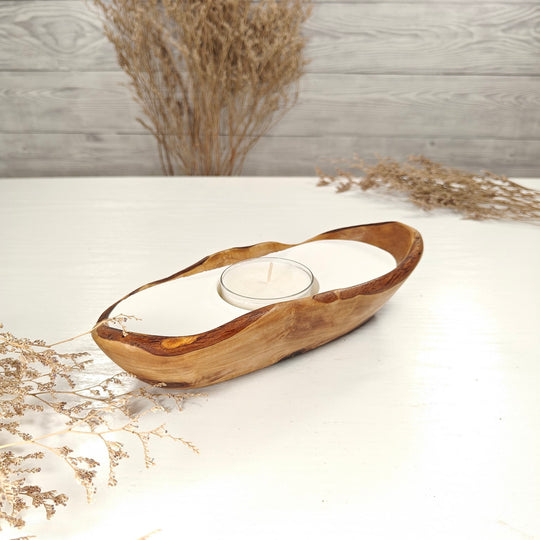 Teelicht-Kerze in Olivenholz-Boot, BRTC-S-00006, L 21cm, 60mm Teelicht