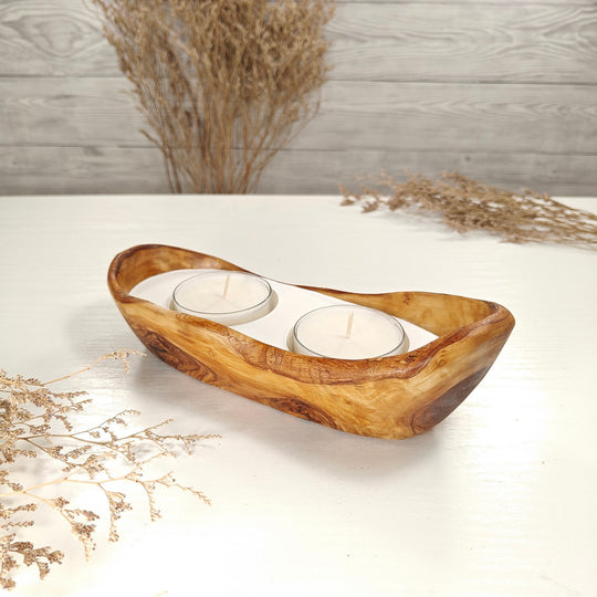 Teelicht-Kerze in Olivenholz-Boot, BRTC-S-00007, L 23cm, 60mm Teelicht