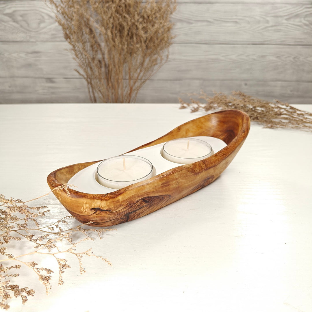 Teelicht-Kerze in Olivenholz-Boot, BRTC-S-00007, L 23cm, 60mm Teelicht