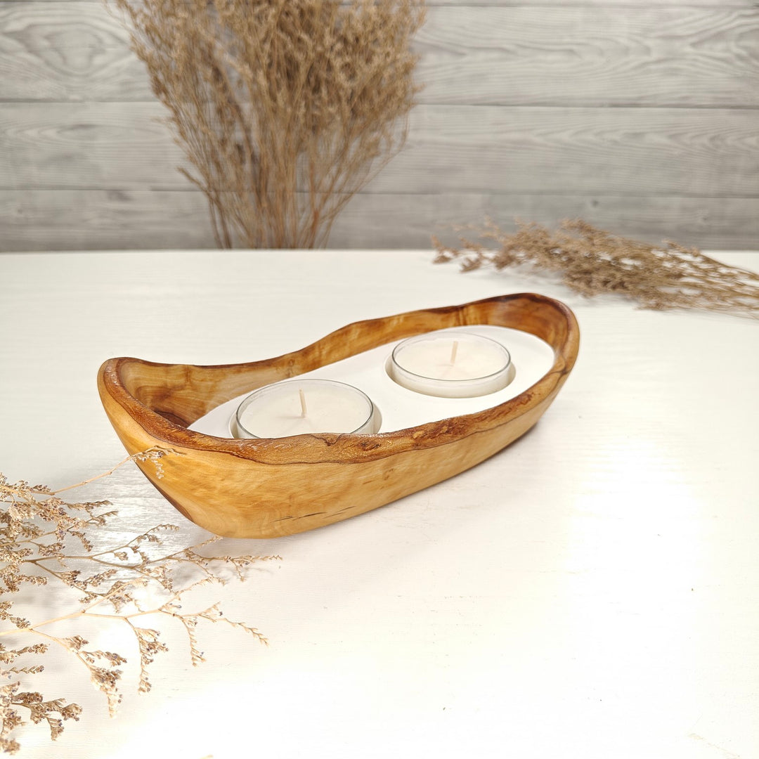 Teelicht-Kerze in Olivenholz-Boot, BRTC-S-00007, L 23cm, 60mm Teelicht