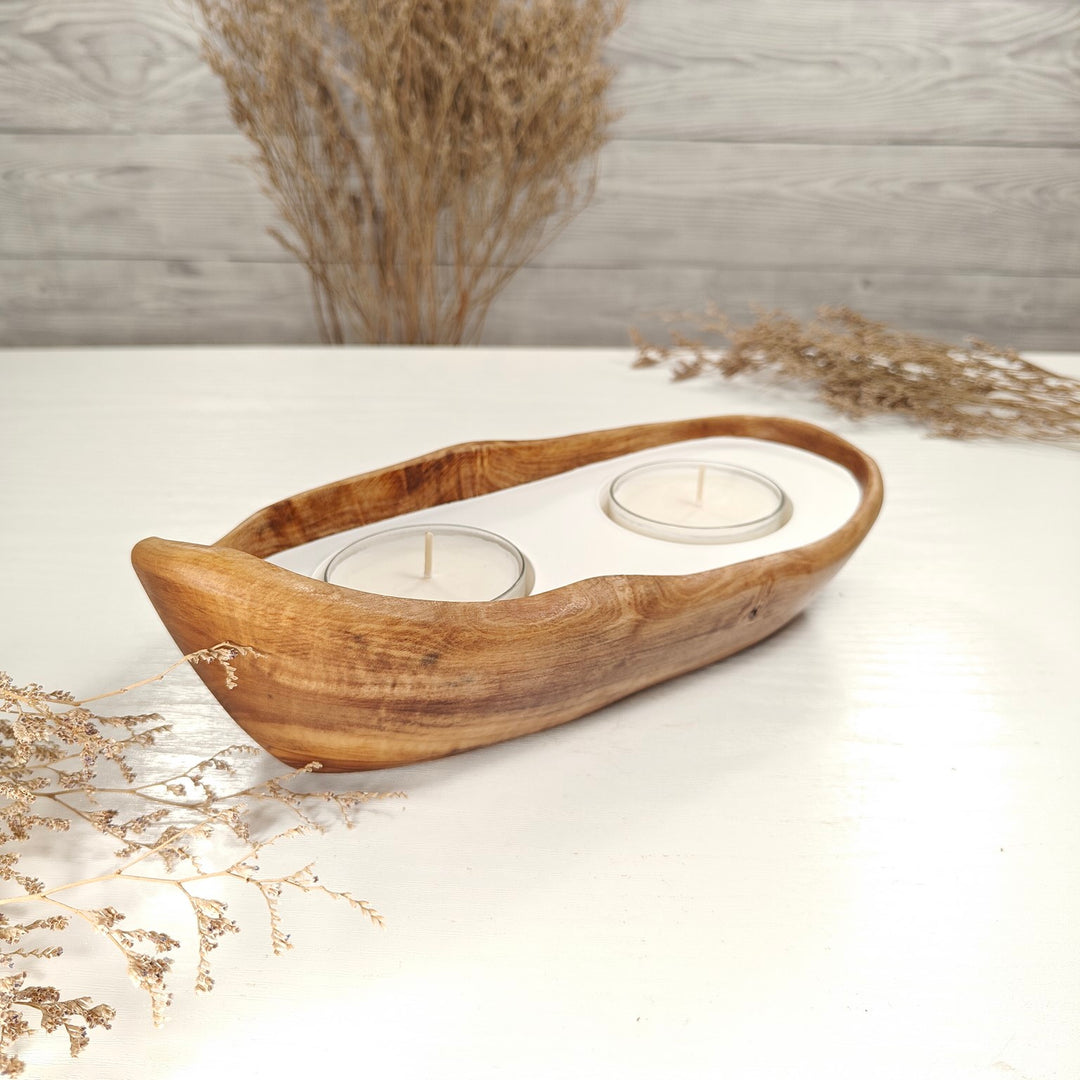 Teelicht-Kerze in Olivenholz-Boot, BRTC-S-00009, L 23cm, 60mm Teelicht