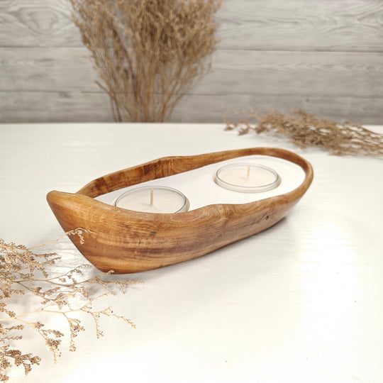 Teelicht-Kerze in Olivenholz-Boot, BRTC-S-00009, L 23cm, 60mm Teelicht
