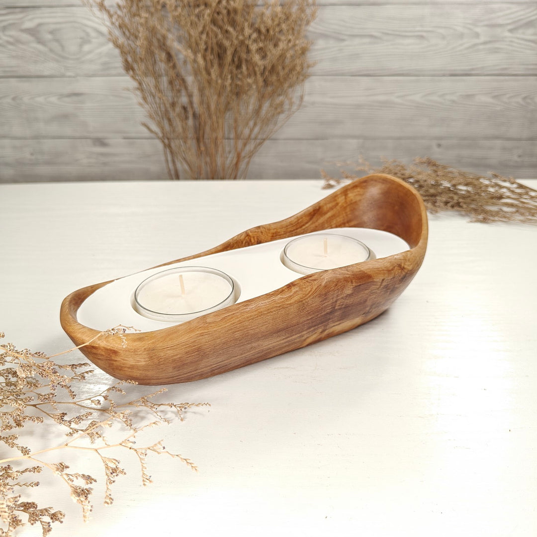 Teelicht-Kerze in Olivenholz-Boot, BRTC-S-00009, L 23cm, 60mm Teelicht