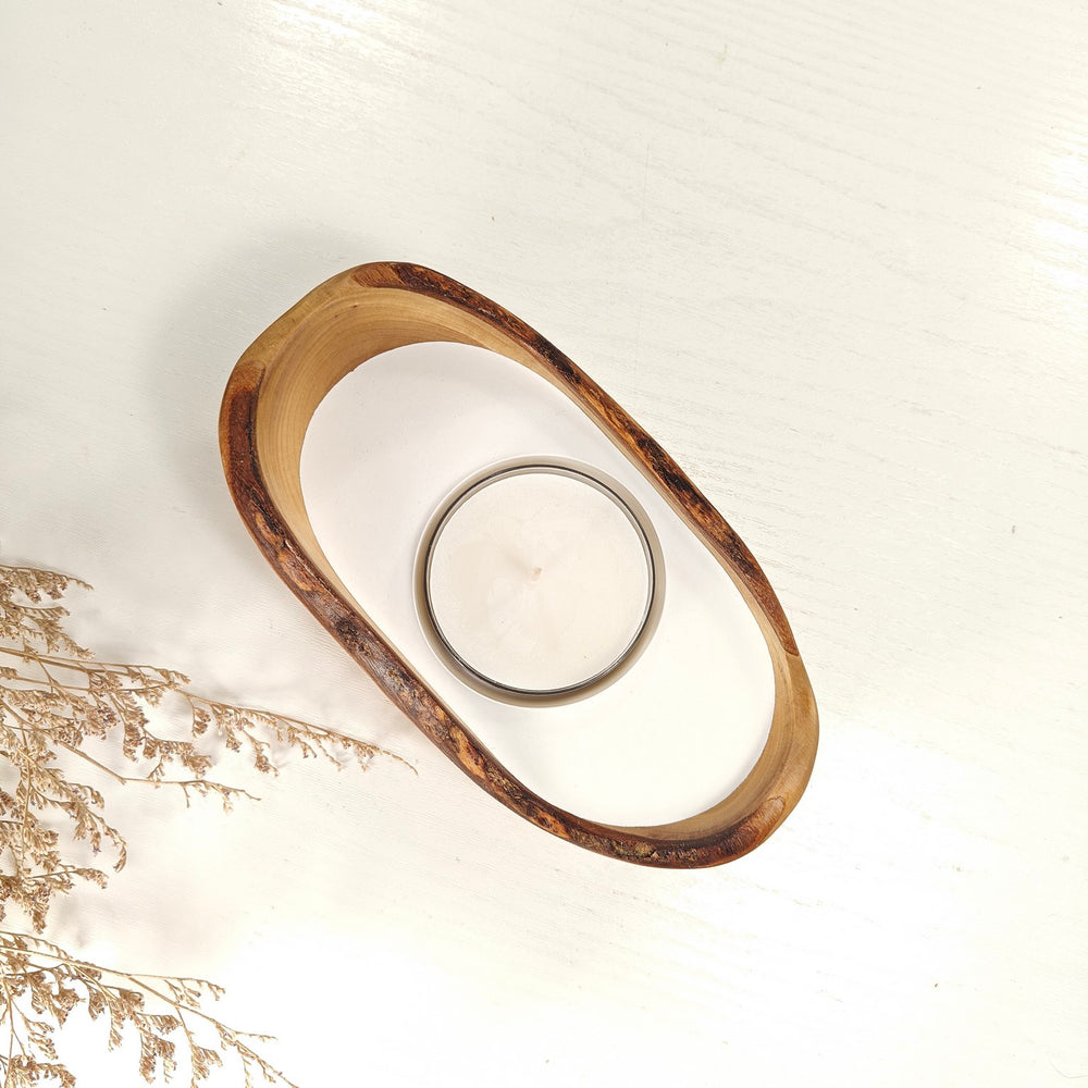 Teelicht-Kerze in Olivenholz-Boot, BRTC-S-00010, L 16cm, 60mm Teelicht