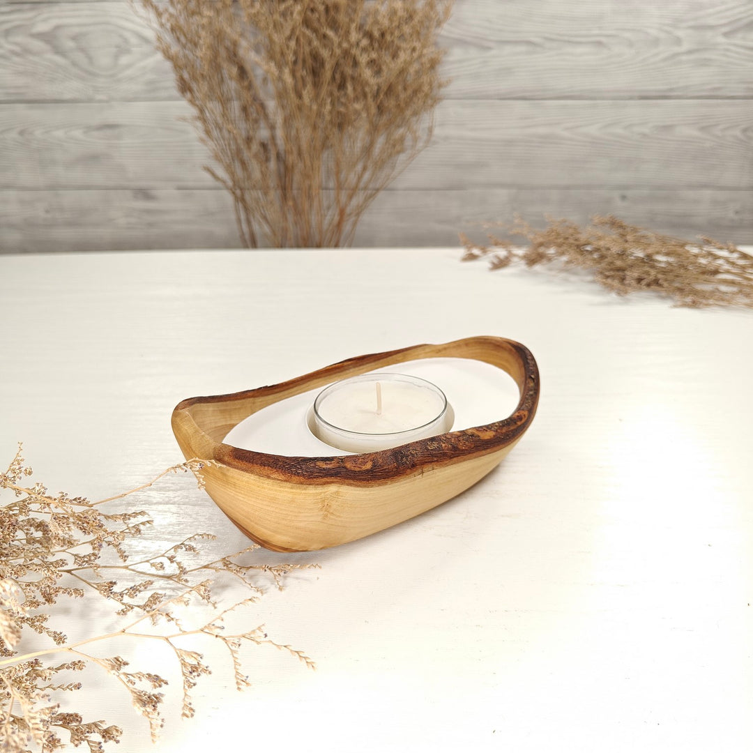 Teelicht-Kerze in Olivenholz-Boot, BRTC-S-00010, L 16cm, 60mm Teelicht