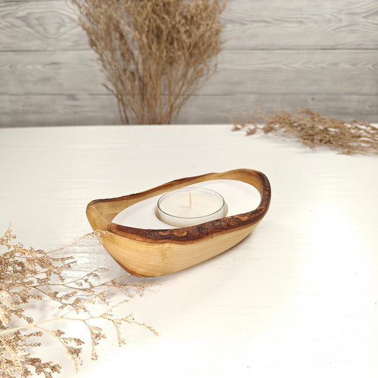 Teelicht-Kerze in Olivenholz-Boot, BRTC-S-00010, L 16cm, 60mm Teelicht