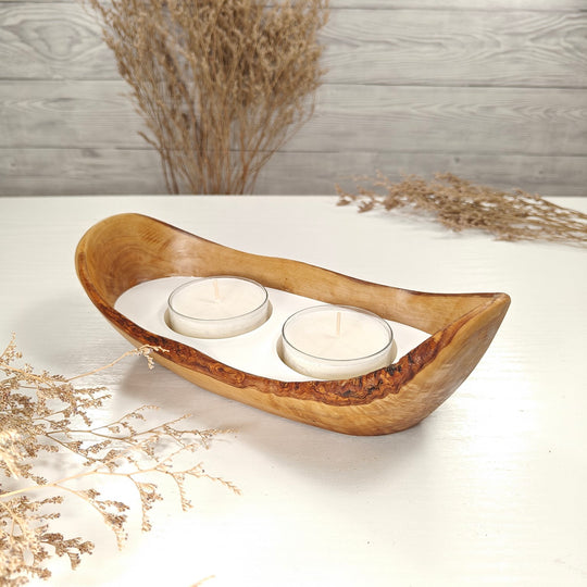 Teelicht-Kerze in Olivenholz-Boot, BRTC-S-00011, L 23cm, 60mm Teelicht