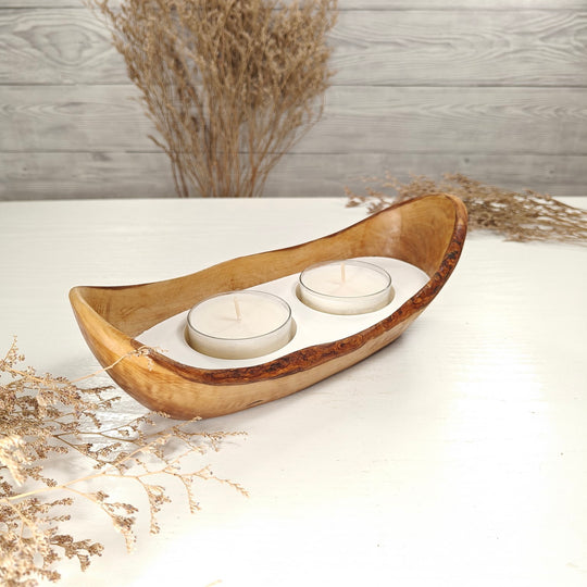 Teelicht-Kerze in Olivenholz-Boot, BRTC-S-00011, L 23cm, 60mm Teelicht